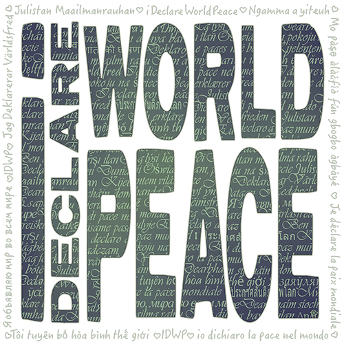 #IDWP Dark Green World Peace Logo, one of the first visually striking expressions of our classic Trademarked IDWP logo. The letters have a background layer stating I Declare World Peace in numerous world languages.