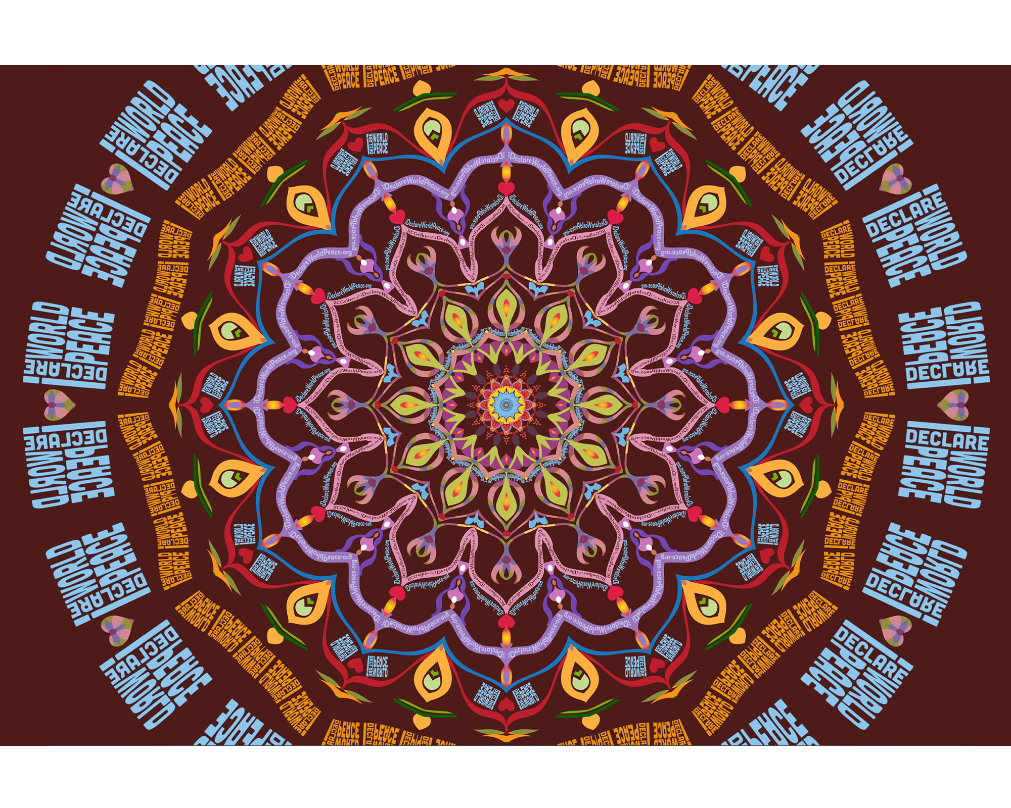Beautiful red I Declare World Peace Mandala, drawn with our own idwp logo brushes and our peace affirmation brushes. Click for store.